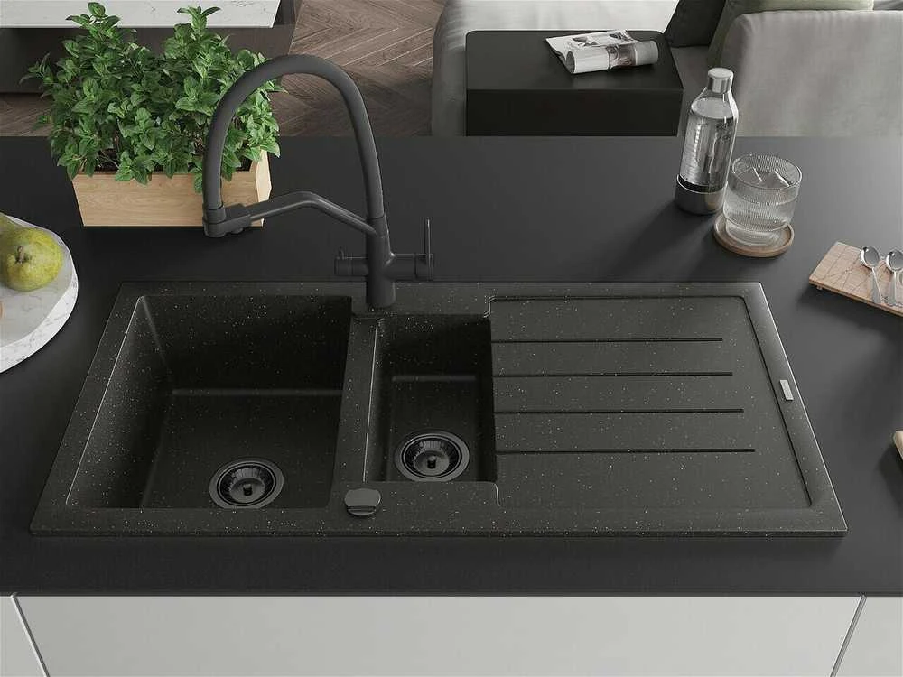 Granitinė virtuvinė plautuvė Mexen Andres su maišytuvu ir sifonu, Metallic juodas/auksinis+Juodas