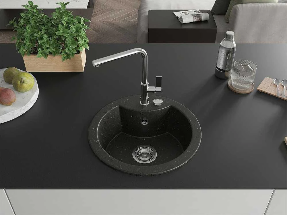 Granitinė virtuvinė plautuvė Mexen Diego su maišytuvu ir sifonu, Metallic juodas/auksinis+Chrome