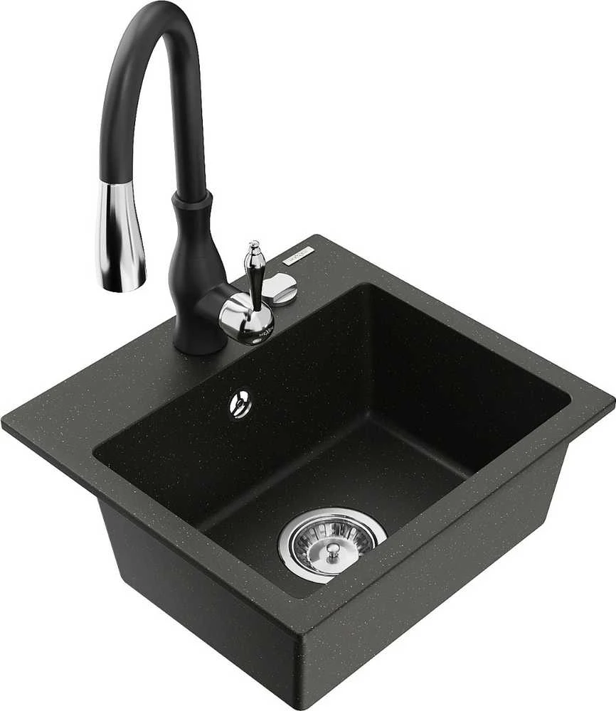 Granitinė virtuvinė plautuvė Mexen Milo su maišytuvu ir sifonu, Metallic juodas/auksinis+Juodas