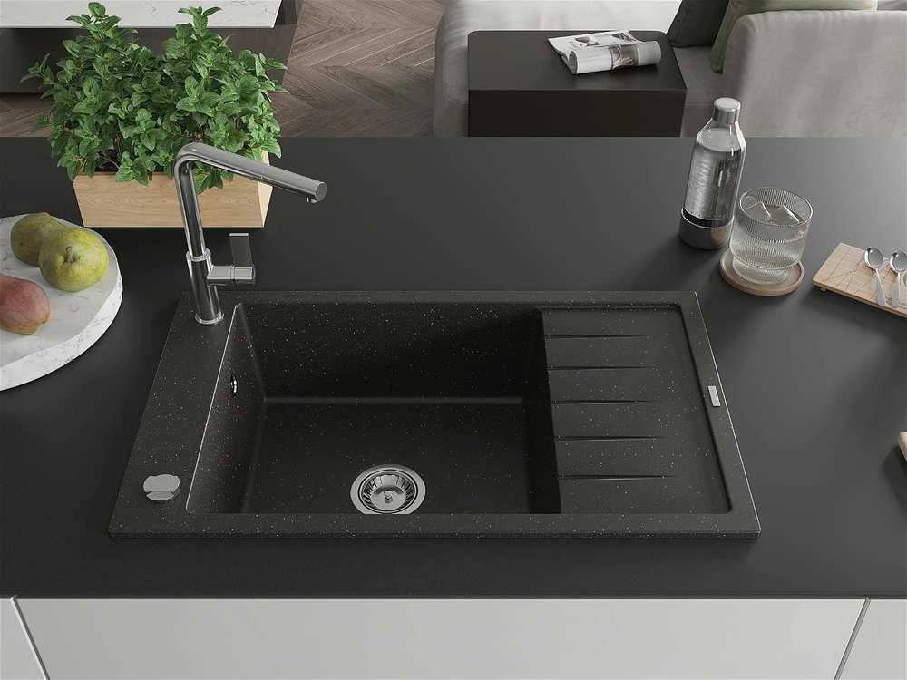 Granitinė virtuvinė plautuvė Mexen Elias su maišytuvu ir sifonu, Metallic juodas/auksinis+Chrome