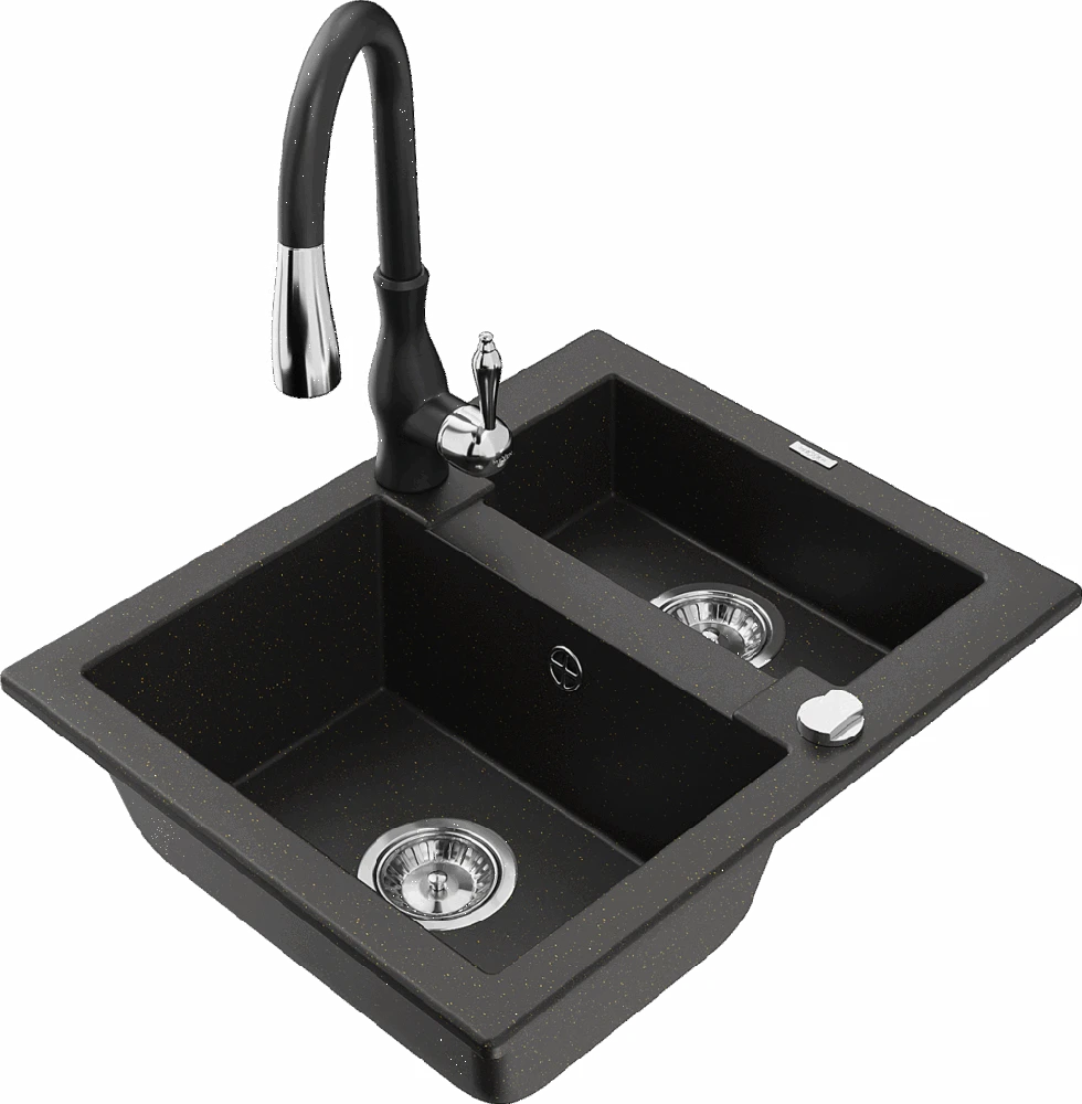 Granitinė virtuvinė plautuvė Mexen Carlos su maišytuvu ir sifonu, Metallic juodas/auksinis+Juodas