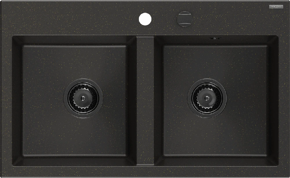 Granitinė virtuvinė plautuvė Mexen Hektor su sifonu, Metallic juodas/auksinis+Juodas, 800 x 480 mm