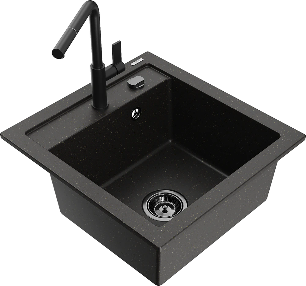 Granitinė virtuvinė plautuvė Mexen Vito su maišytuvu ir sifonu, Metallic juodas/auksinis+Juodas