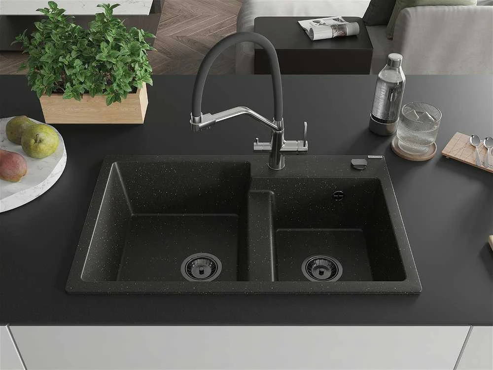 Granitinė virtuvinė plautuvė Mexen Tomas su maišytuvu ir sifonu, Metallic juodas/auksinis+Juodas/Chrome