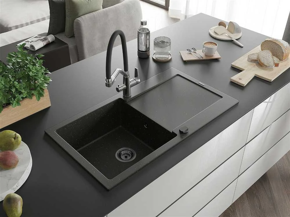 Granitinė virtuvinė plautuvė Mexen Leo su maišytuvu ir sifonu, Metallic juodas/auksinis+Juodas/Chrome