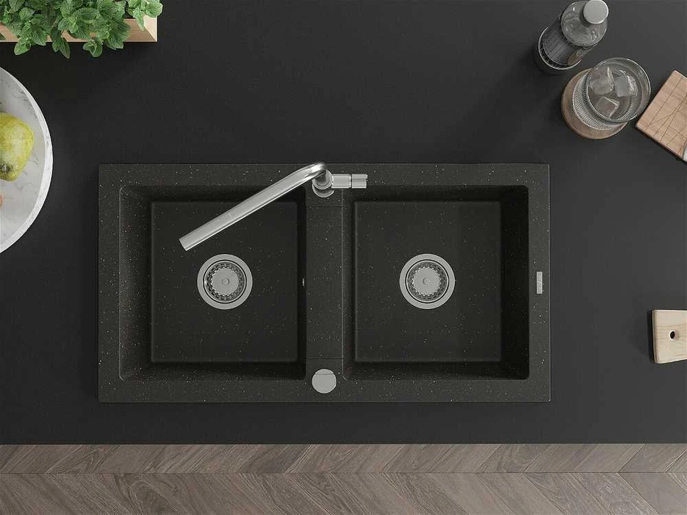 Granitinė virtuvinė plautuvė Mexen Mario su maišytuvu ir sifonu, Metallic juodas/auksinis+Chrome