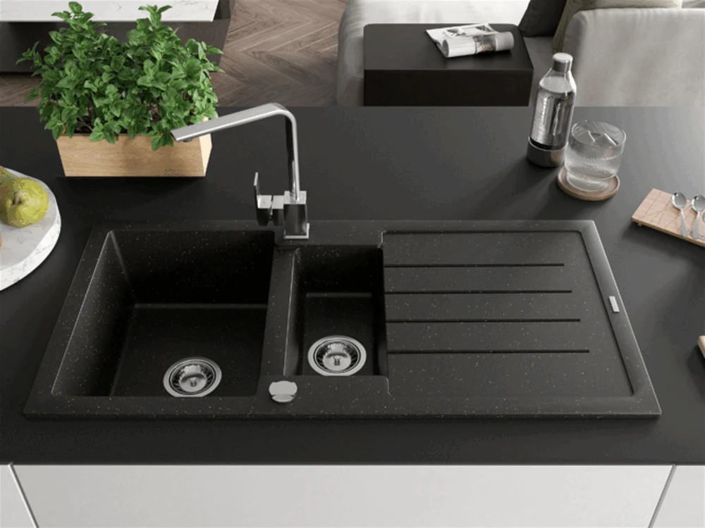 Granitinė virtuvinė plautuvė Mexen Andres su maišytuvu ir sifonu, Metallic juodas/auksinis+Chrome