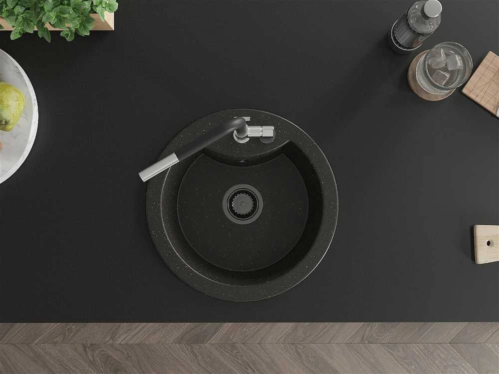 Granitinė virtuvinė plautuvė Mexen Diego su maišytuvu ir sifonu, Metallic juodas/auksinis+Juodas/Chrome