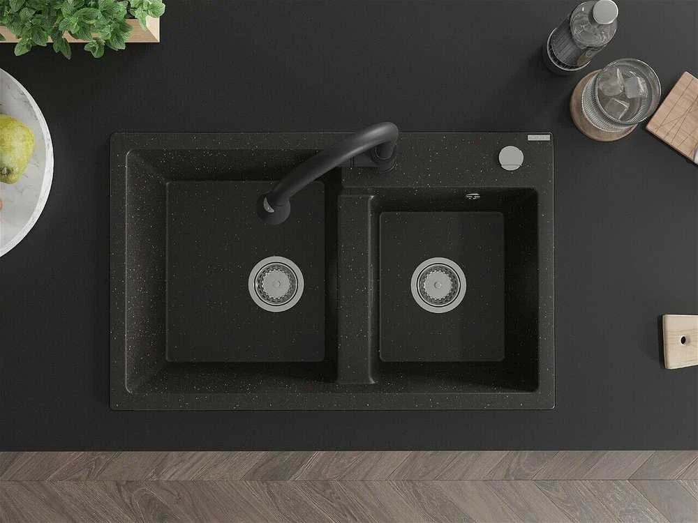 Granitinė virtuvinė plautuvė Mexen Tomas su maišytuvu ir sifonu, Metallic juodas/auksinis+Juodas
