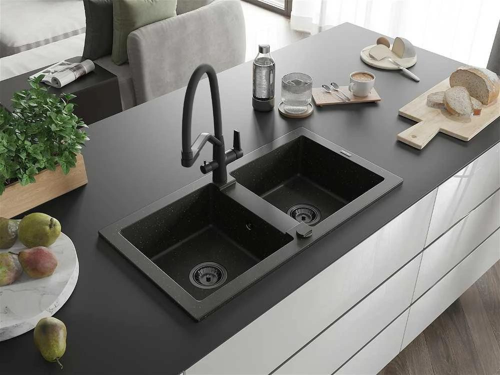 Granitinė virtuvinė plautuvė Mexen Mario su maišytuvu ir sifonu, Metallic juodas/auksinis+Juodas