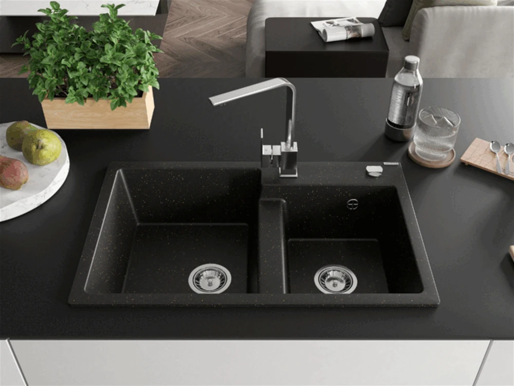Granitinė virtuvinė plautuvė Mexen Tomas su maišytuvu ir sifonu, Metallic juodas/auksinis+Chrome