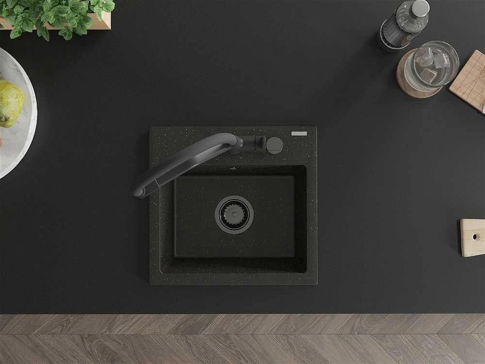 Granitinė virtuvinė plautuvė Mexen Milo su maišytuvu ir sifonu, Metallic juodas/auksinis+Juodas