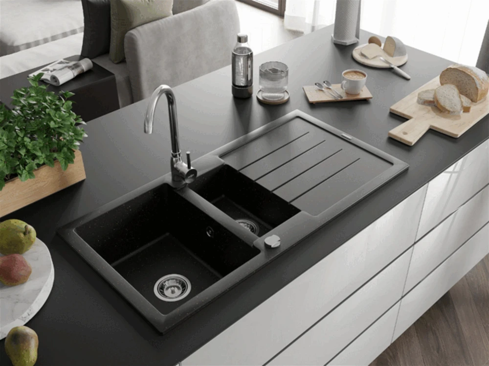 Granitinė virtuvinė plautuvė Mexen Andres su maišytuvu ir sifonu, Metallic juodas/auksinis+Chrome