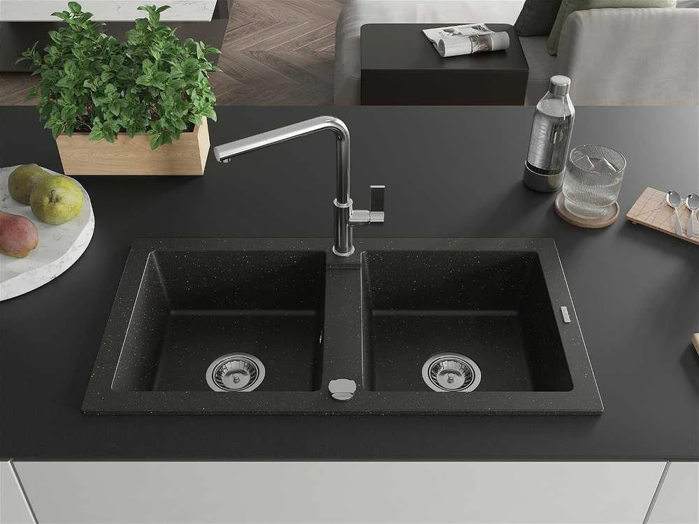 Granitinė virtuvinė plautuvė Mexen Mario su maišytuvu ir sifonu, Metallic juodas/auksinis+Chrome