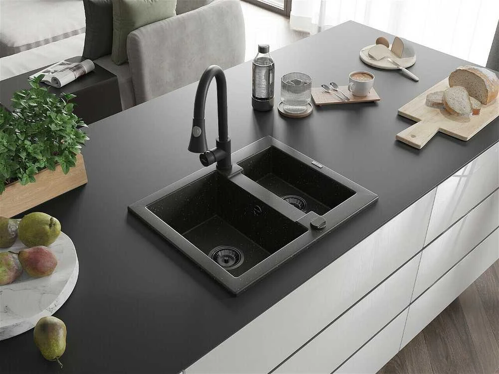 Granitinė virtuvinė plautuvė Mexen Carlos su maišytuvu ir sifonu, Metallic juodas/auksinis+Juodas
