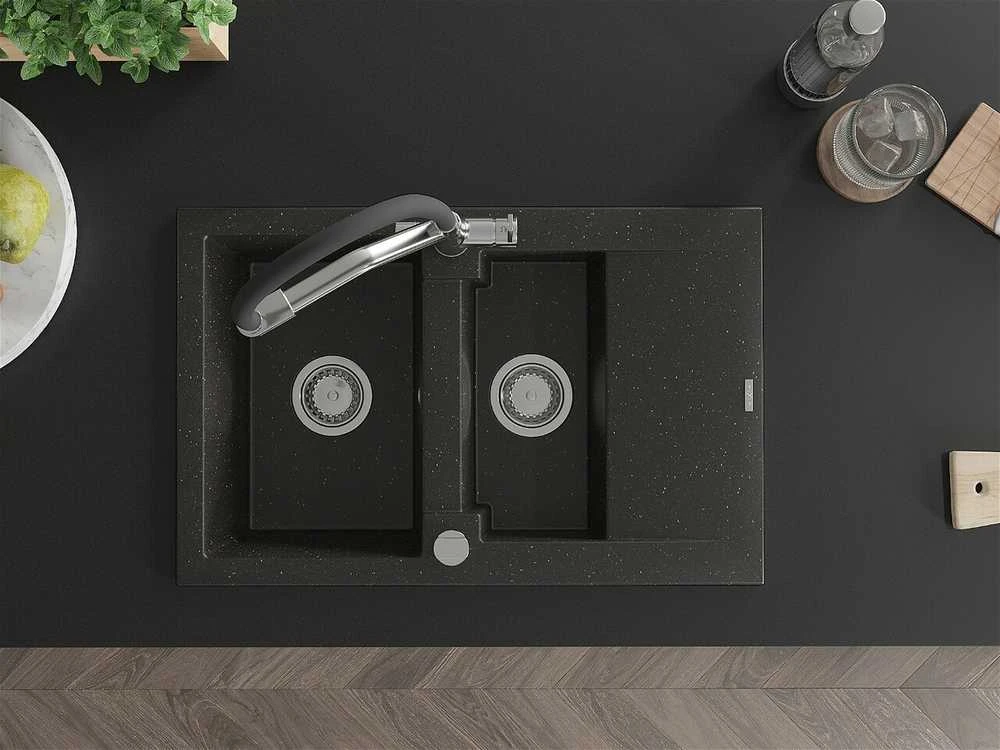 Granitinė virtuvinė plautuvė Mexen Gaspar su maišytuvu ir sifonu, Metallic juodas/auksinis+Juodas/Chrome