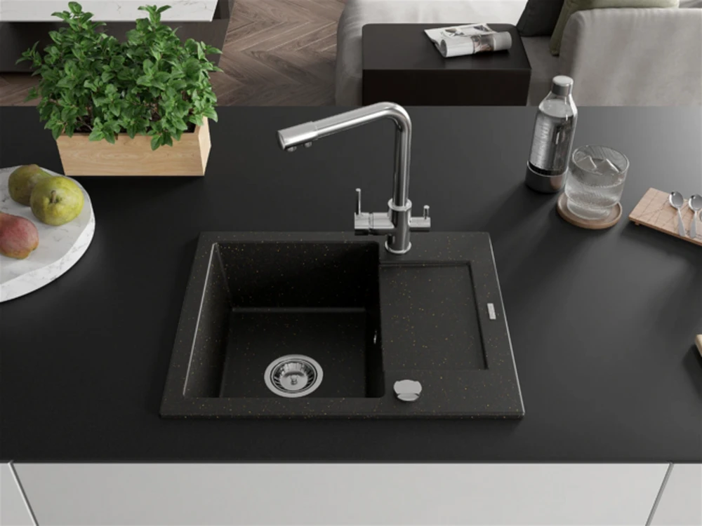 Granitinė virtuvinė plautuvė Mexen Enzo su maišytuvu ir sifonu, Metallic juodas/auksinis+Chrome