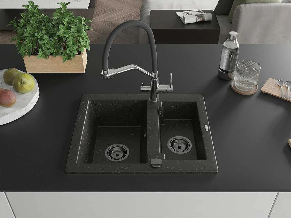 Granitinė virtuvinė plautuvė Mexen Carlos su maišytuvu ir sifonu, Metallic juodas/auksinis+Juodas/Chrome