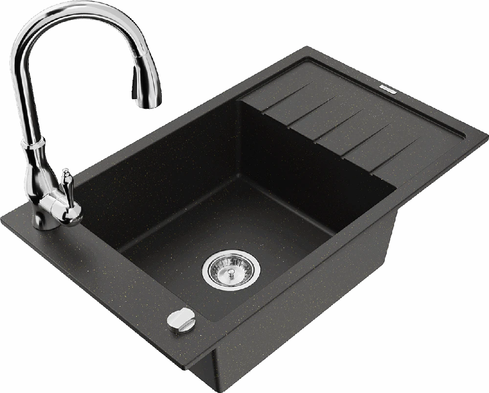 Granitinė virtuvinė plautuvė Mexen Elias su maišytuvu ir sifonu, Metallic juodas/auksinis+Chrome