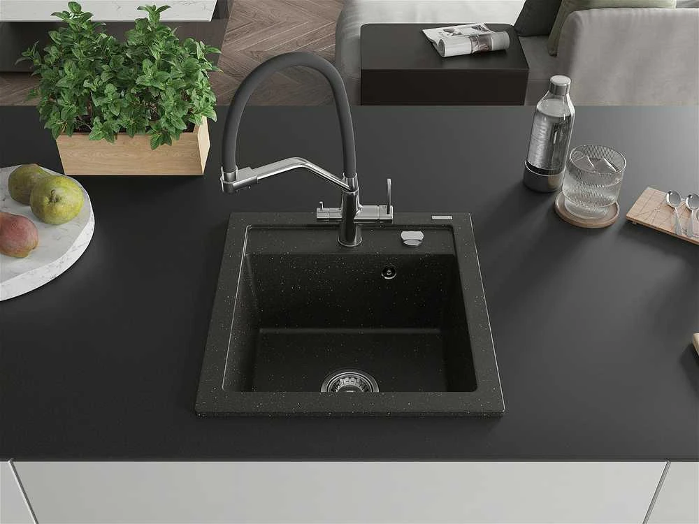 Granitinė virtuvinė plautuvė Mexen Vito su maišytuvu ir sifonu, Metallic juodas/auksinis+Juodas/Chrome