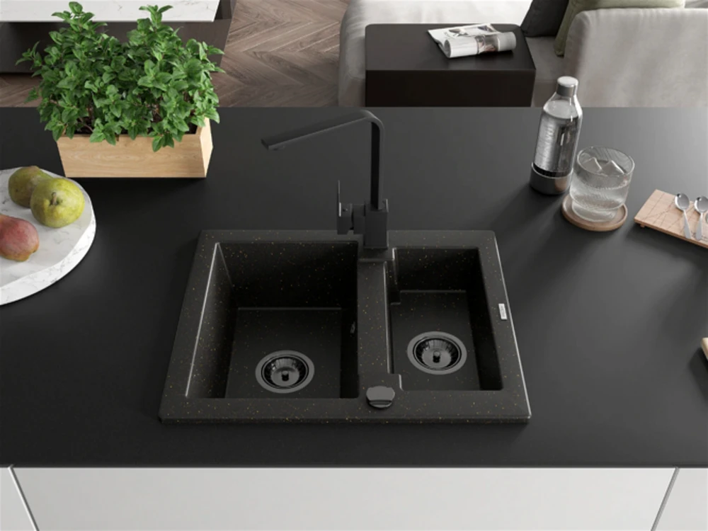 Granitinė virtuvinė plautuvė Mexen Carlos su maišytuvu ir sifonu, Metallic juodas/auksinis+Juodas(B)
