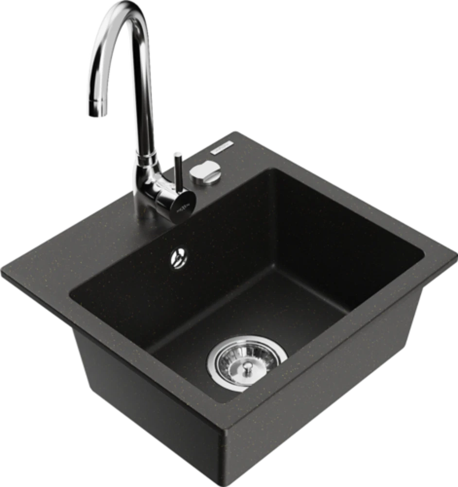 Granitinė virtuvinė plautuvė Mexen Milo su maišytuvu ir sifonu, Metallic juodas/auksinis+Chrome