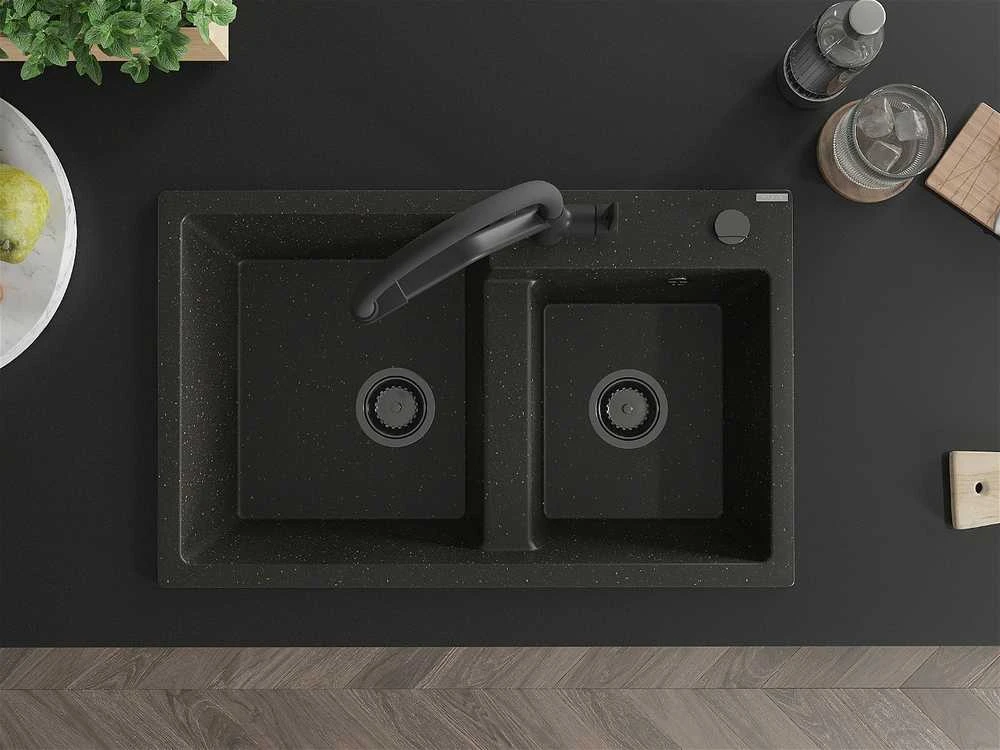 Granitinė virtuvinė plautuvė Mexen Tomas su maišytuvu ir sifonu, Metallic juodas/auksinis+Juodas