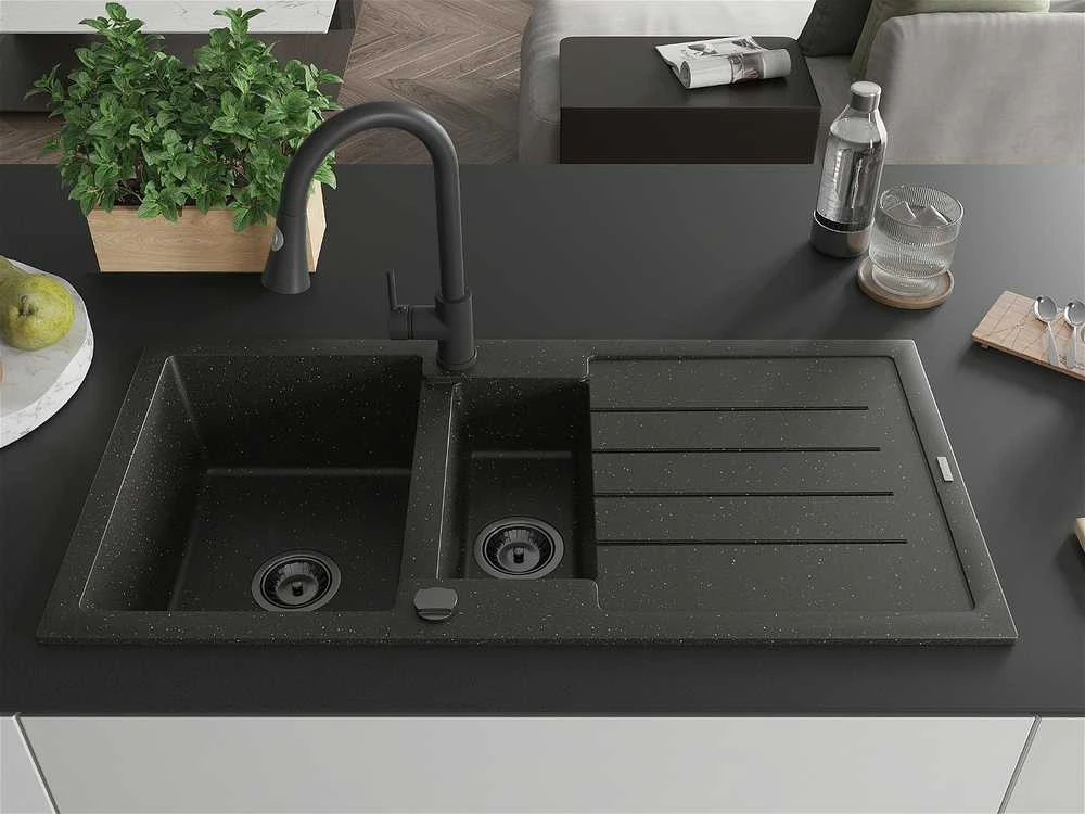 Granitinė virtuvinė plautuvė Mexen Andres su maišytuvu ir sifonu, Metallic juodas/auksinis+Juodas