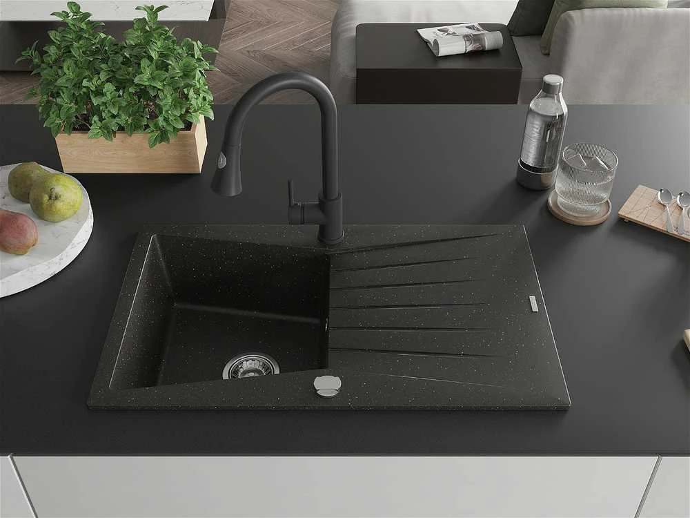 Granitinė virtuvinė plautuvė Mexen Cesar su maišytuvu ir sifonu, Metallic juodas/auksinis+Juodas