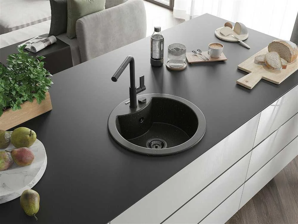 Granitinė virtuvinė plautuvė Mexen Diego su maišytuvu ir sifonu, Metallic juodas/auksinis+Juodas