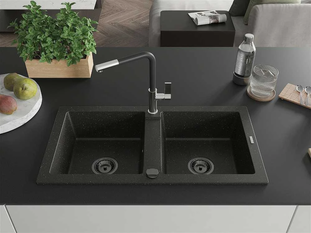 Granitinė virtuvinė plautuvė Mexen Mario su maišytuvu ir sifonu, Metallic juodas/auksinis+Juodas/Chrome