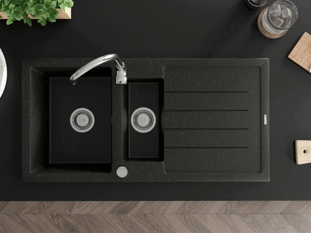 Granitinė virtuvinė plautuvė Mexen Andres su maišytuvu ir sifonu, Metallic juodas/auksinis+Chrome