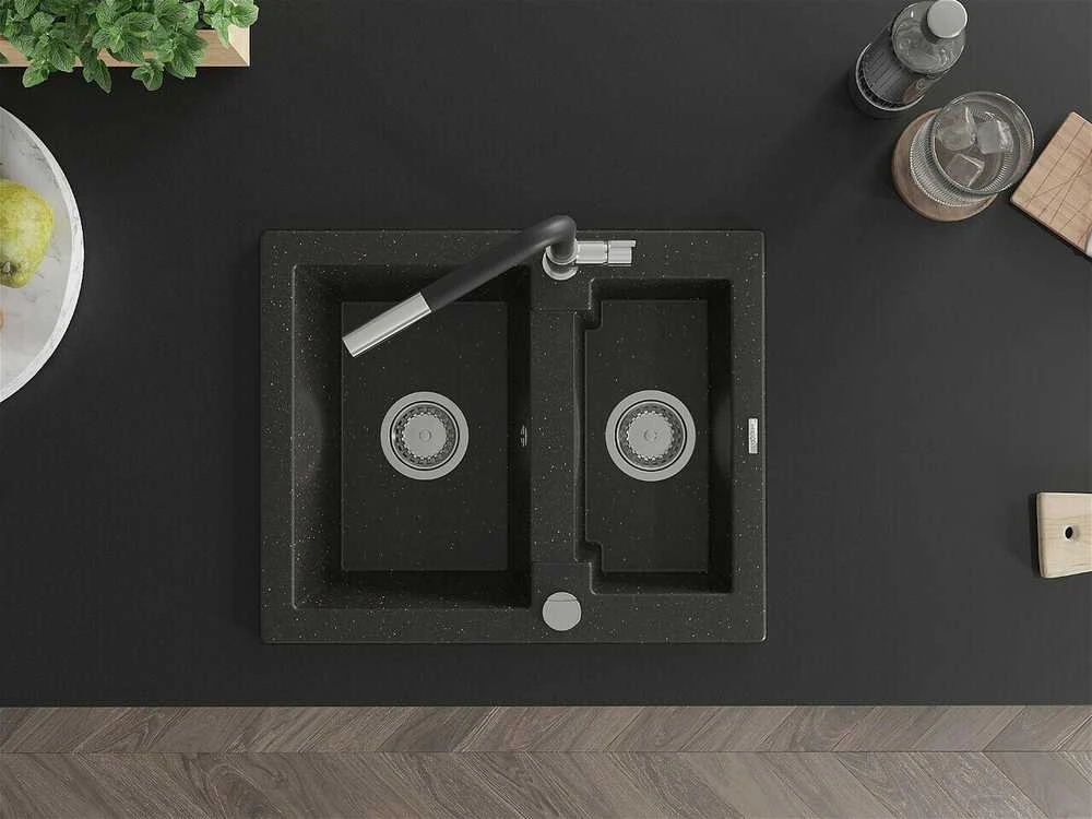 Granitinė virtuvinė plautuvė Mexen Carlos su maišytuvu ir sifonu, Metallic juodas/auksinis+Juodas/Chrome