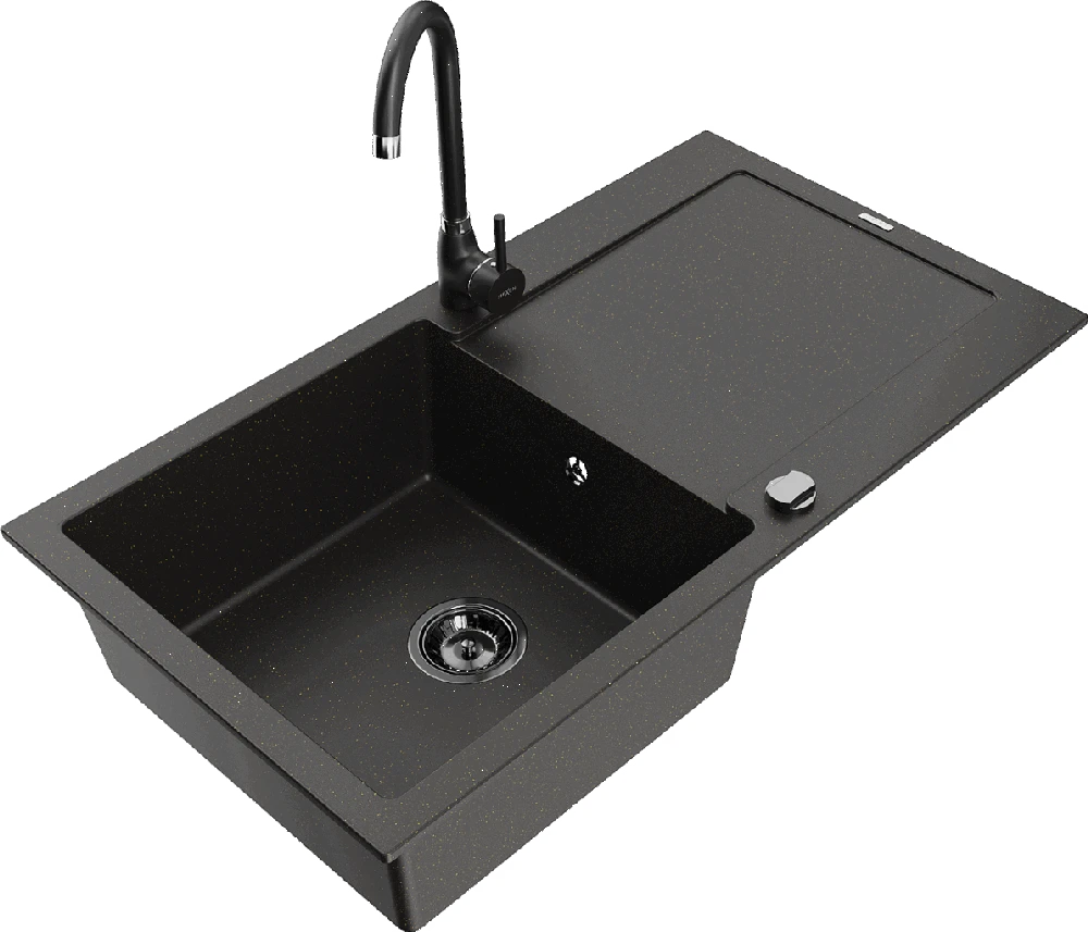 Granitinė virtuvinė plautuvė Mexen Leo su maišytuvu ir sifonu, Metallic juodas/auksinis+Juodas