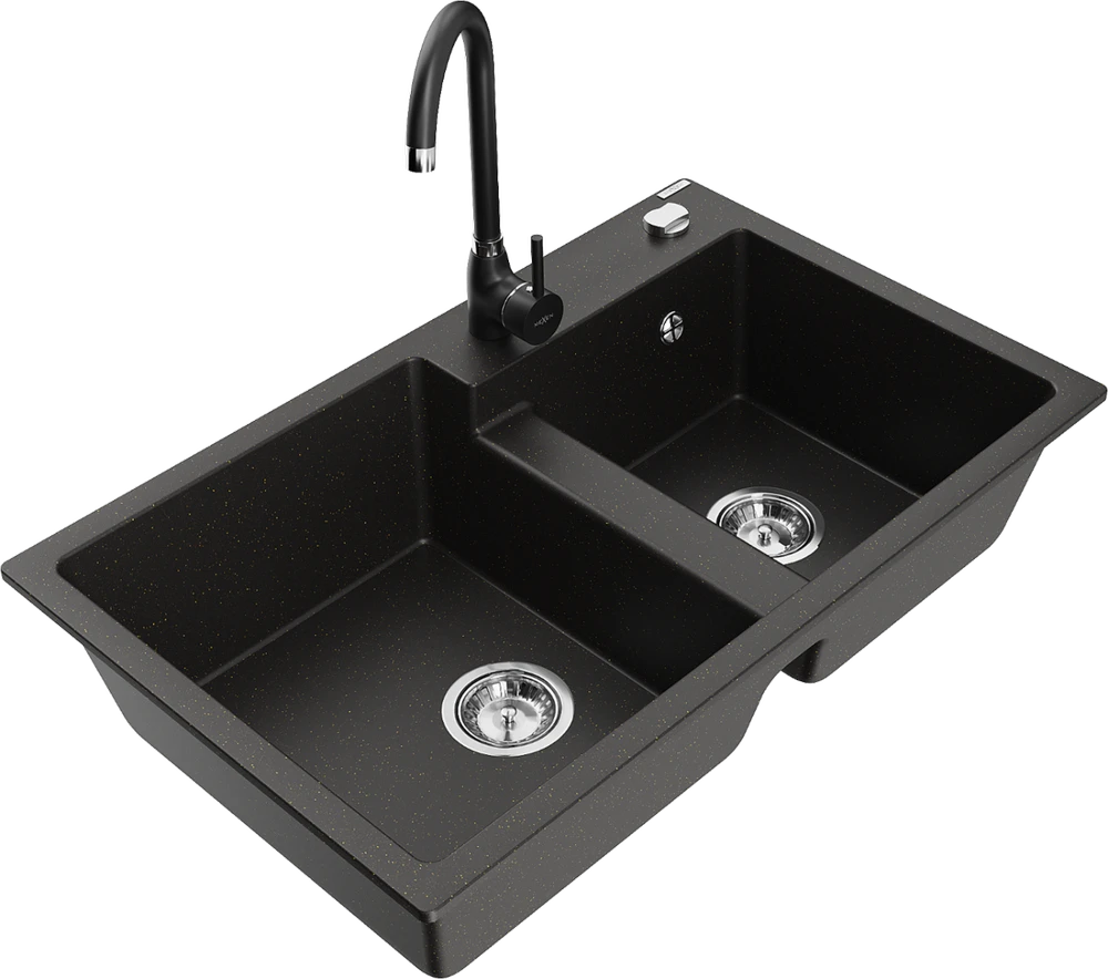 Granitinė virtuvinė plautuvė Mexen Tomas su maišytuvu ir sifonu, Metallic juodas/auksinis+Juodas