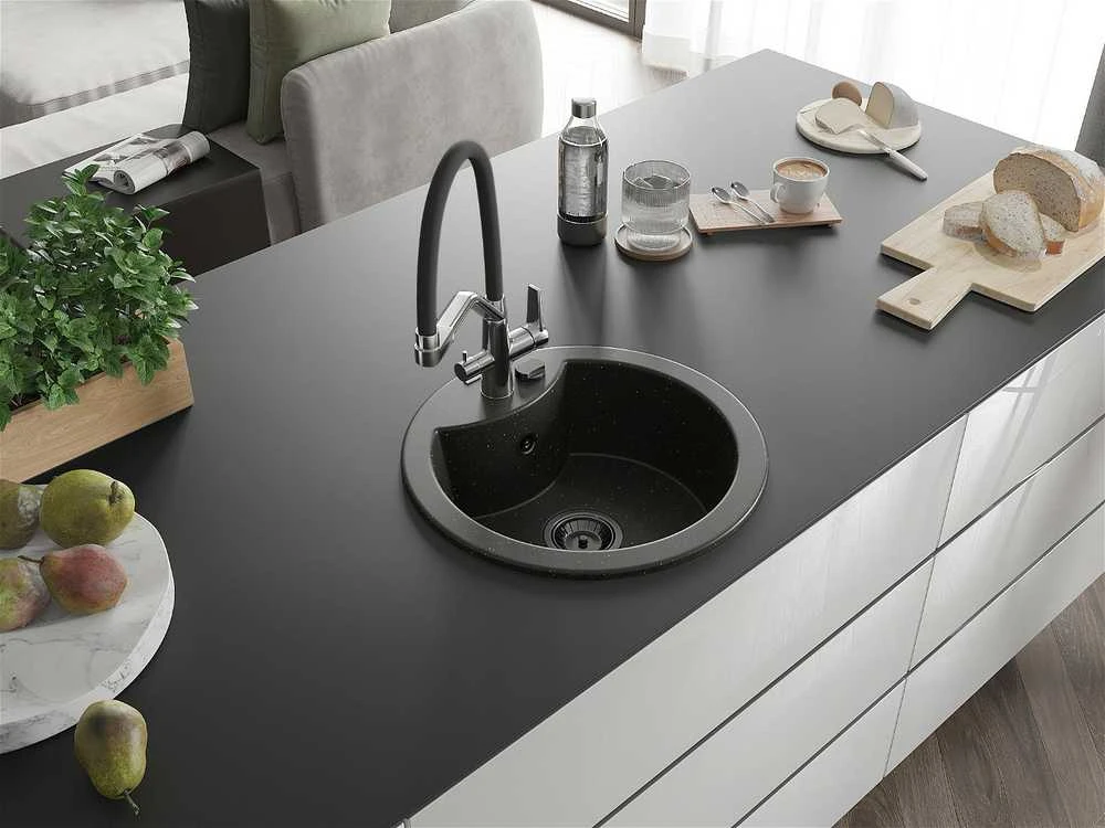 Granitinė virtuvinė plautuvė Mexen Diego su maišytuvu ir sifonu, Metallic juodas/auksinis+Juodas/Chrome