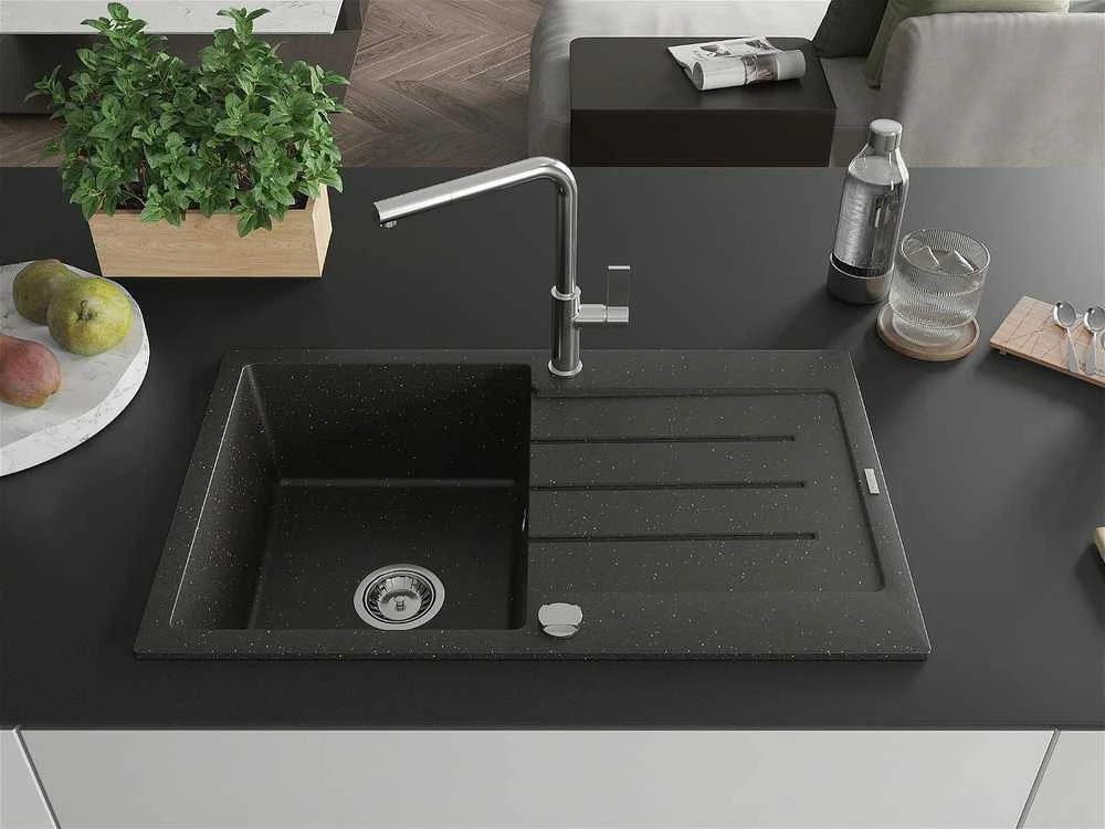 Granitinė virtuvinė plautuvė Mexen Bruno su maišytuvu ir sifonu, Metallic juodas/auksinis+Chrome