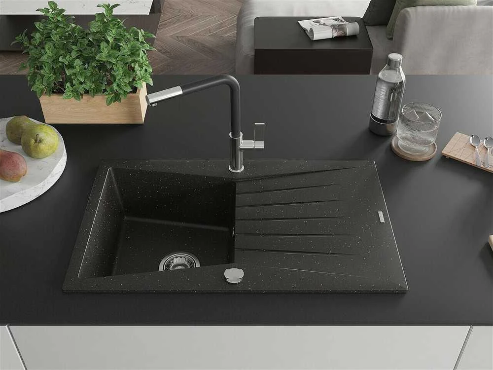 Granitinė virtuvinė plautuvė Mexen Cesar su maišytuvu ir sifonu, Metallic juodas/auksinis+Juodas/Chrome