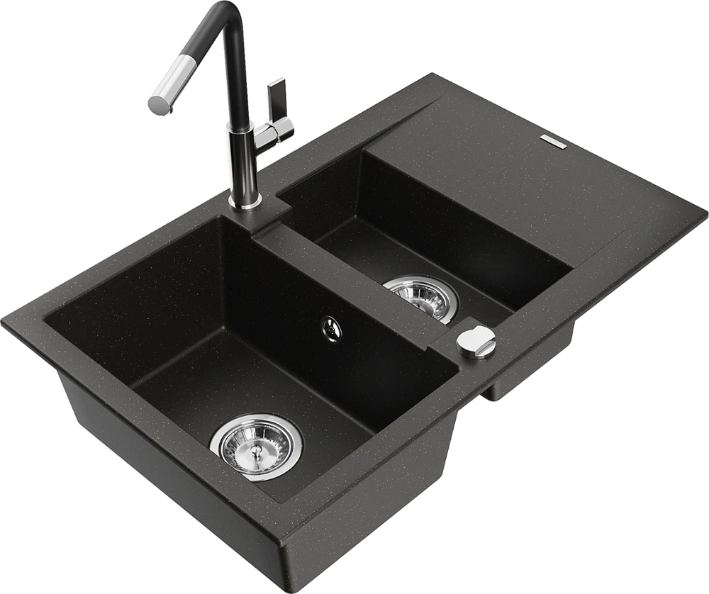 Granitinė virtuvinė plautuvė Mexen Gaspar su maišytuvu ir sifonu, Metallic juodas/auksinis+Juodas/Chrome