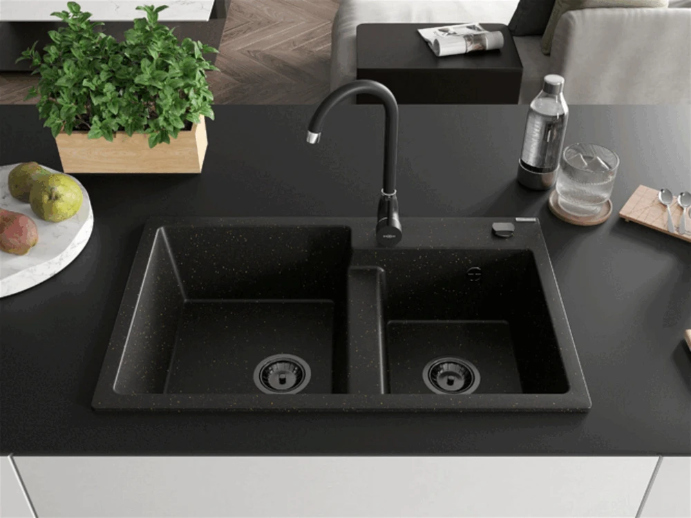 Granitinė virtuvinė plautuvė Mexen Tomas su maišytuvu ir sifonu, Metallic juodas/auksinis+Juodas(B)