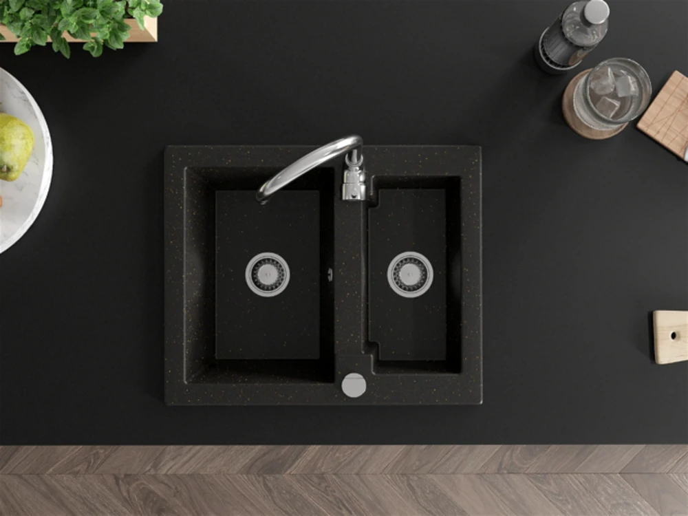 Granitinė virtuvinė plautuvė Mexen Carlos su maišytuvu ir sifonu, Metallic juodas/auksinis+Chrome