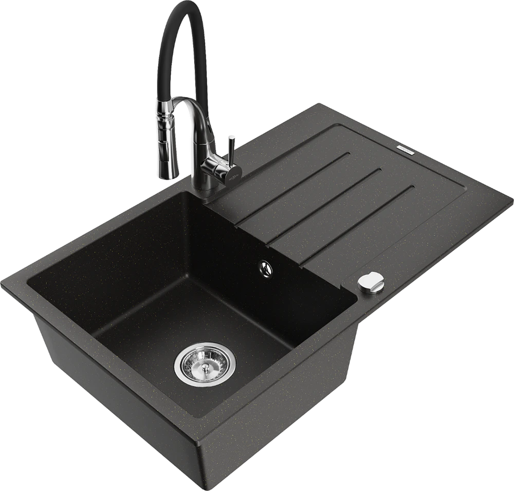 Granitinė virtuvinė plautuvė Mexen Bruno su maišytuvu ir sifonu, Metallic juodas/auksinis+Juodas/Chrome