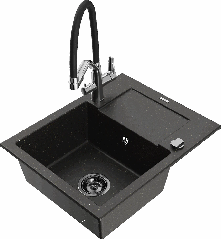Granitinė virtuvinė plautuvė Mexen Enzo su maišytuvu ir sifonu, Metallic juodas/auksinis+Juodas/Chrome