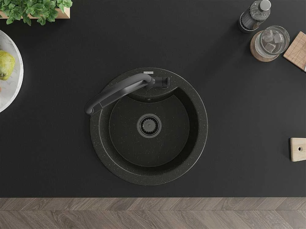 Granitinė virtuvinė plautuvė Mexen Diego su maišytuvu ir sifonu, Metallic juodas/auksinis+Juodas