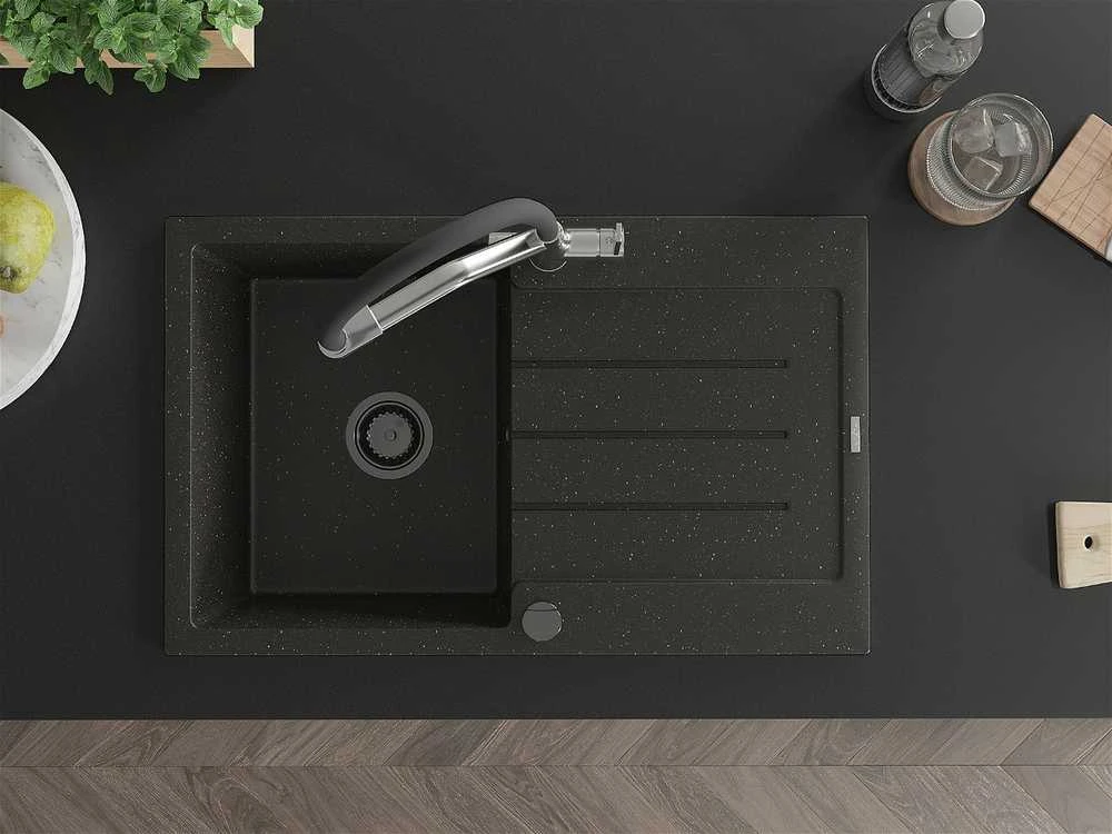 Granitinė virtuvinė plautuvė Mexen Bruno su maišytuvu ir sifonu, Metallic juodas/auksinis+Juodas/Chrome