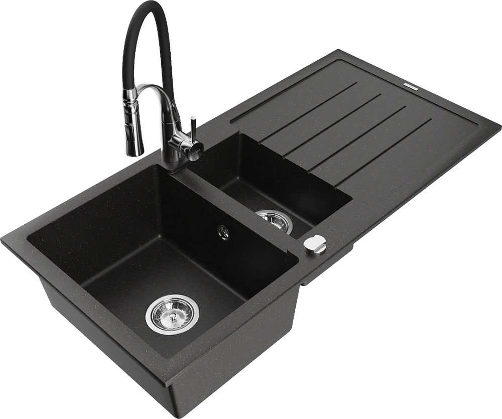 Granitinė virtuvinė plautuvė Mexen Andres su maišytuvu ir sifonu, Metallic juodas/auksinis+Juodas/Chrome