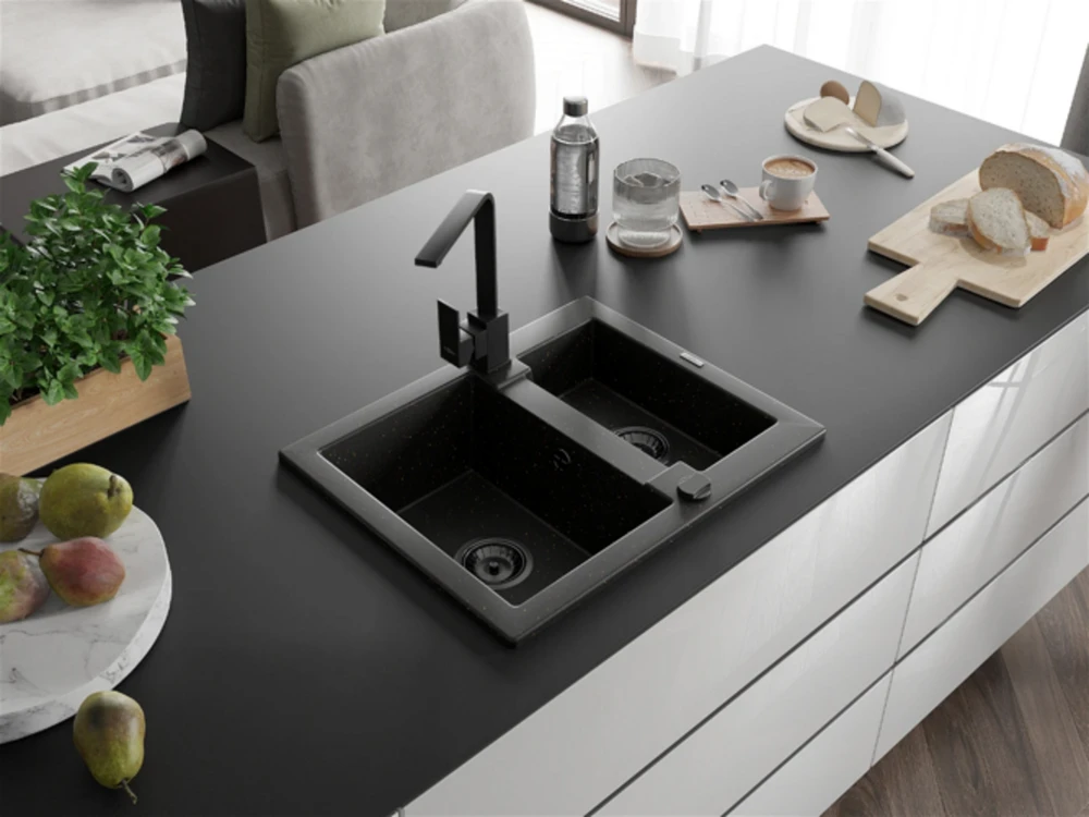 Granitinė virtuvinė plautuvė Mexen Carlos su maišytuvu ir sifonu, Metallic juodas/auksinis+Juodas(B)