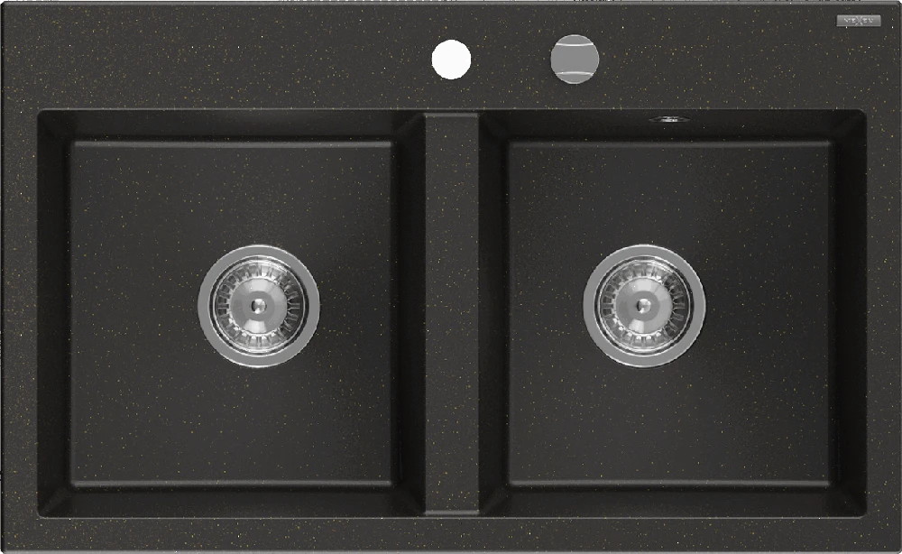 Granitinė virtuvinė plautuvė Mexen Hektor su sifonu, Metallic juodas/auksinis+Chrome, 800 x 480 mm