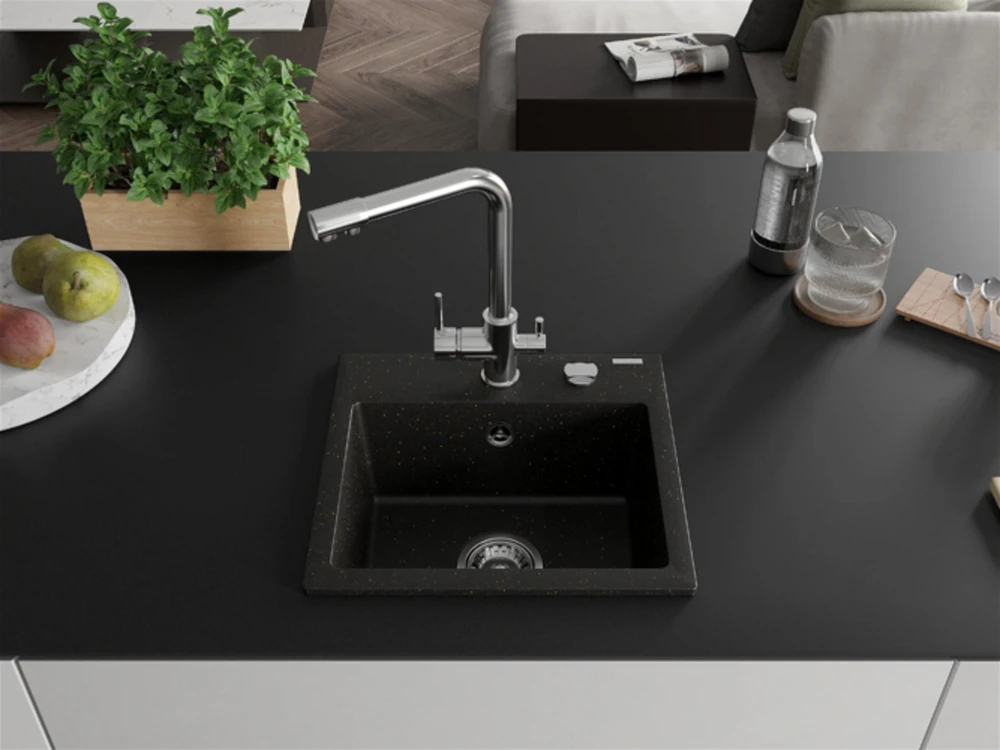 Granitinė virtuvinė plautuvė Mexen Milo su maišytuvu ir sifonu, Metallic juodas/auksinis+Chrome
