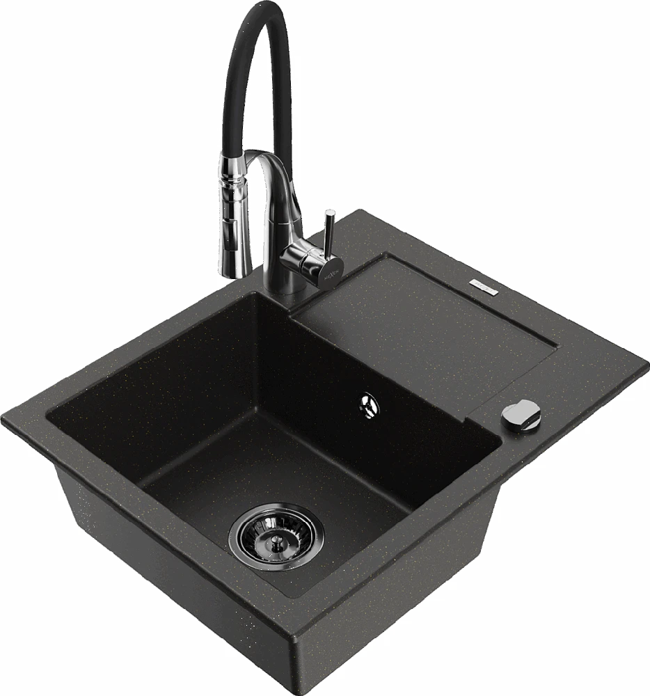 Granitinė virtuvinė plautuvė Mexen Enzo su maišytuvu ir sifonu, Metallic juodas/auksinis+Juodas/Chrome